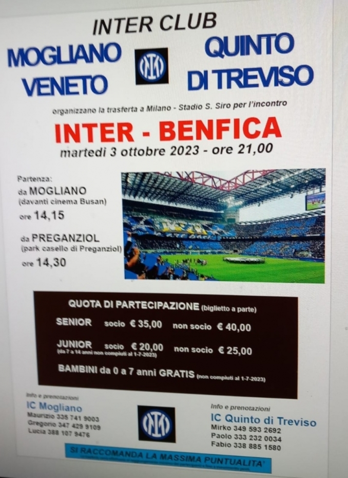 CHAMPIONS LEAGUE :  INTER-BENFICA 03/10/2023 - Inter Club Quinto di Treviso